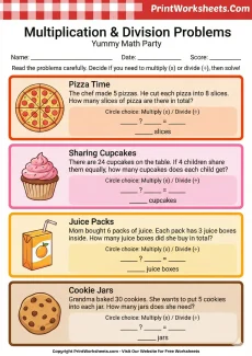 Word Problems Worksheet - 3rd Grade Multiplication & Division Word Problems (Yummy Math Party) | Free Printable