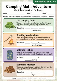 Word Problems Worksheet - 3rd Grade Multiplication Word Problems (Camping Theme) | Free Printable