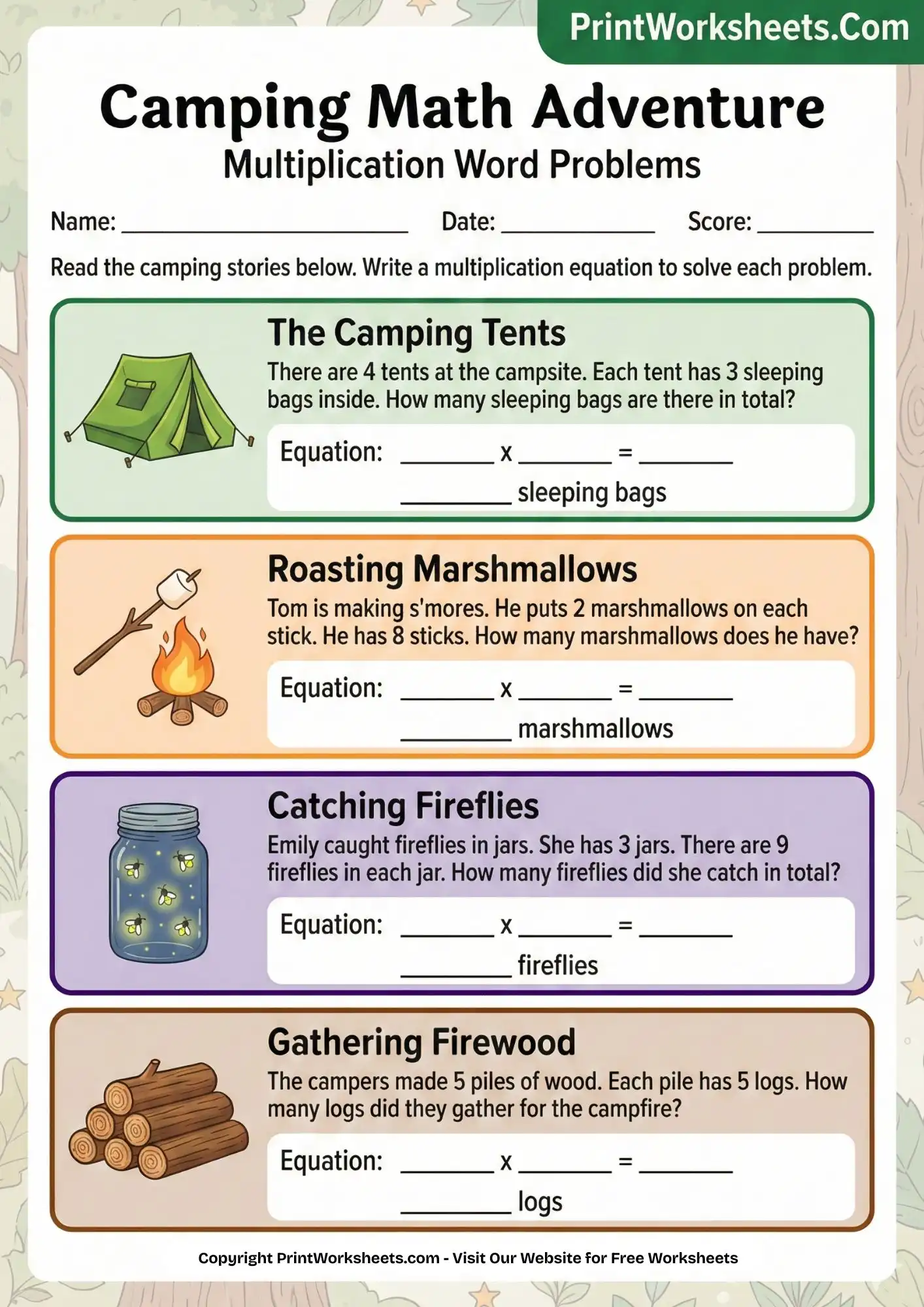 Multiplication Worksheets Worksheet - 3rd Grade Multiplication Word Problems (Camping Theme) | Free Printable