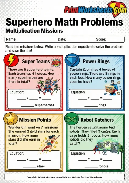 3rd Grade Multiplication Word Problems (Superhero Math)