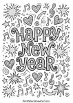 Happy New Year text doodle coloring page with stars