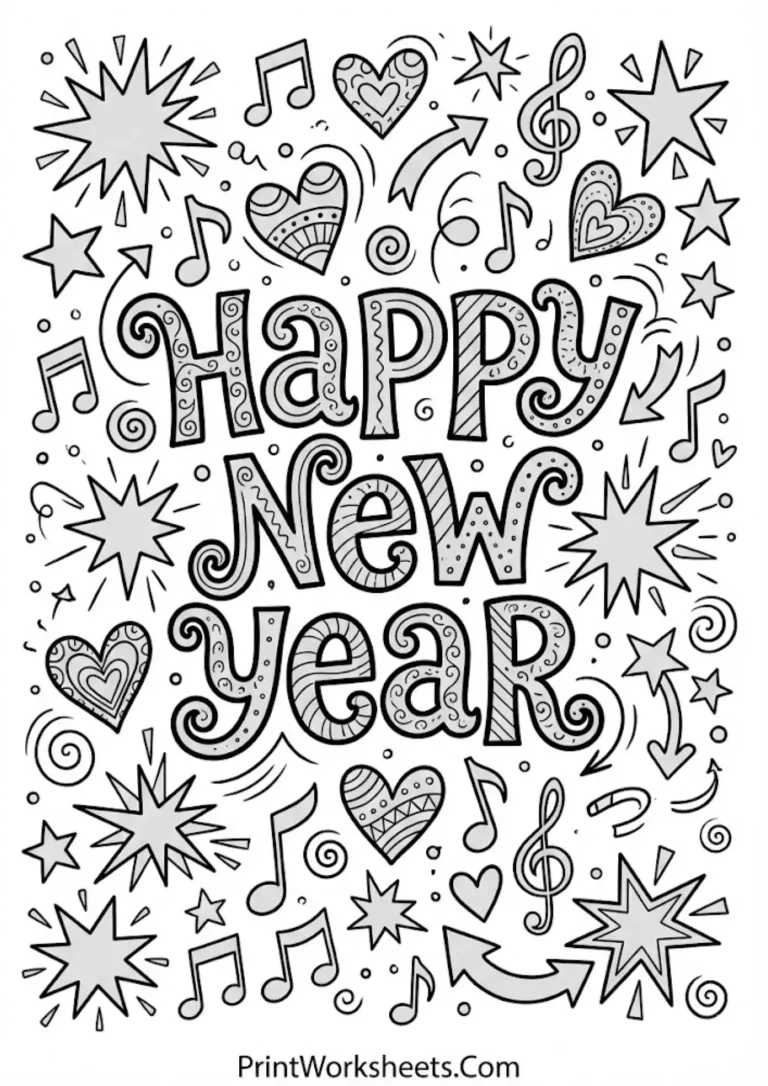 Happy New Year text doodle coloring page with stars