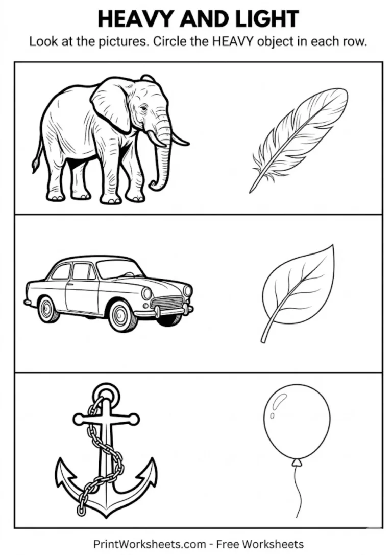 Heavy and light worksheet black and white for kindergarten