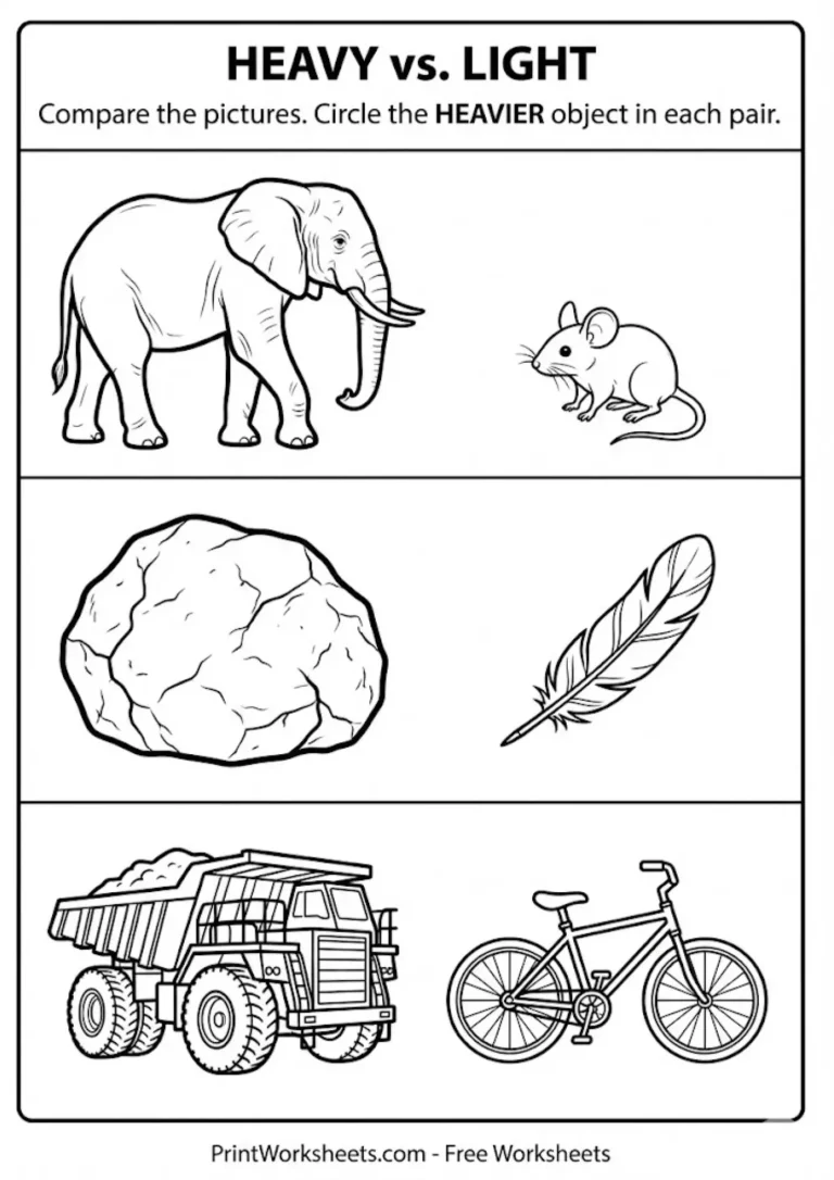 Heavy vs light comparison worksheet for kindergarten