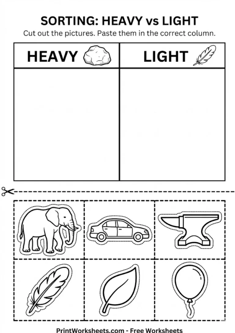 Heavy vs light sorting cut paste worksheet