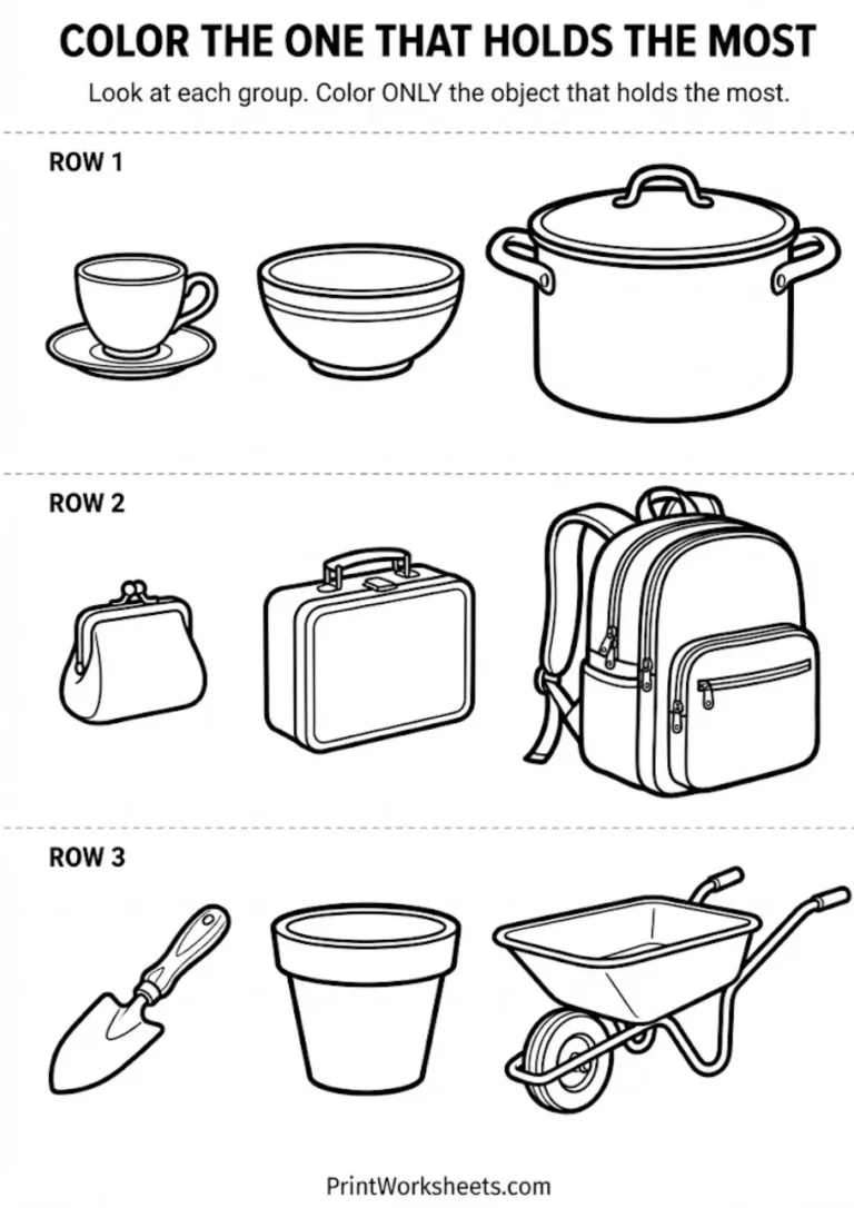 Holds the most capacity worksheet for preschool