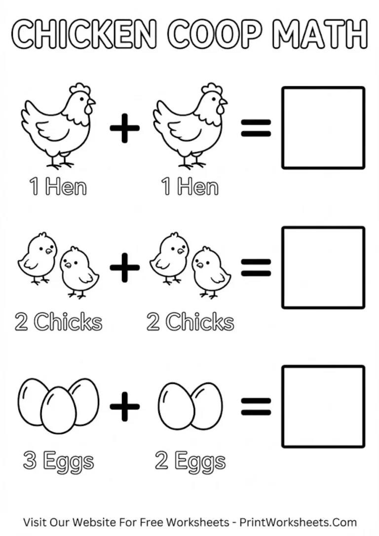 Kindergarten addition worksheets with pictures of cows pigs and chickens