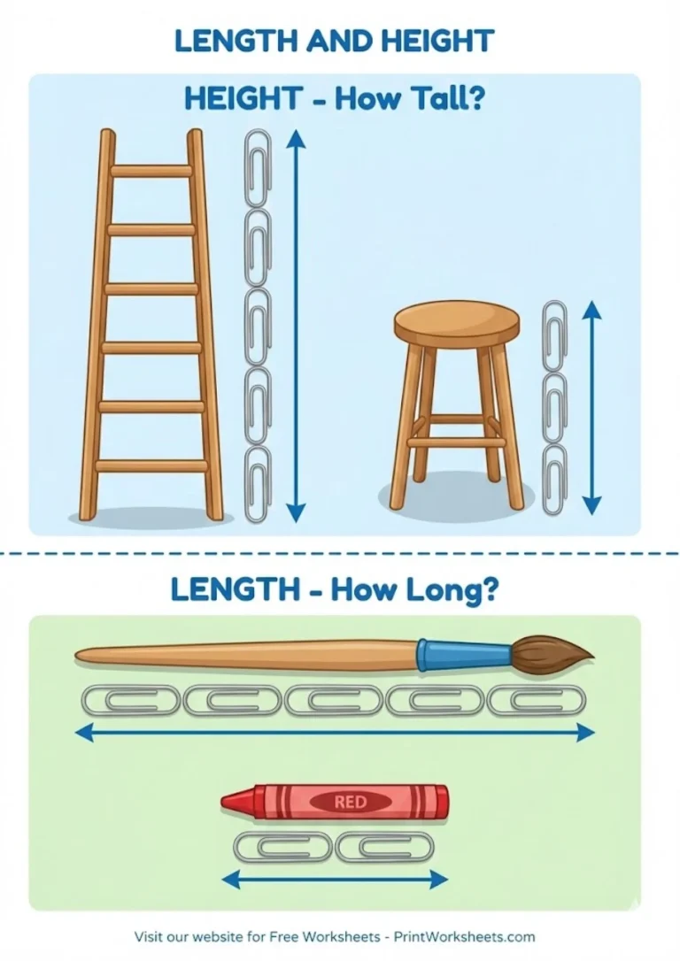 Length and height worksheets comparing ladder and paintbrush