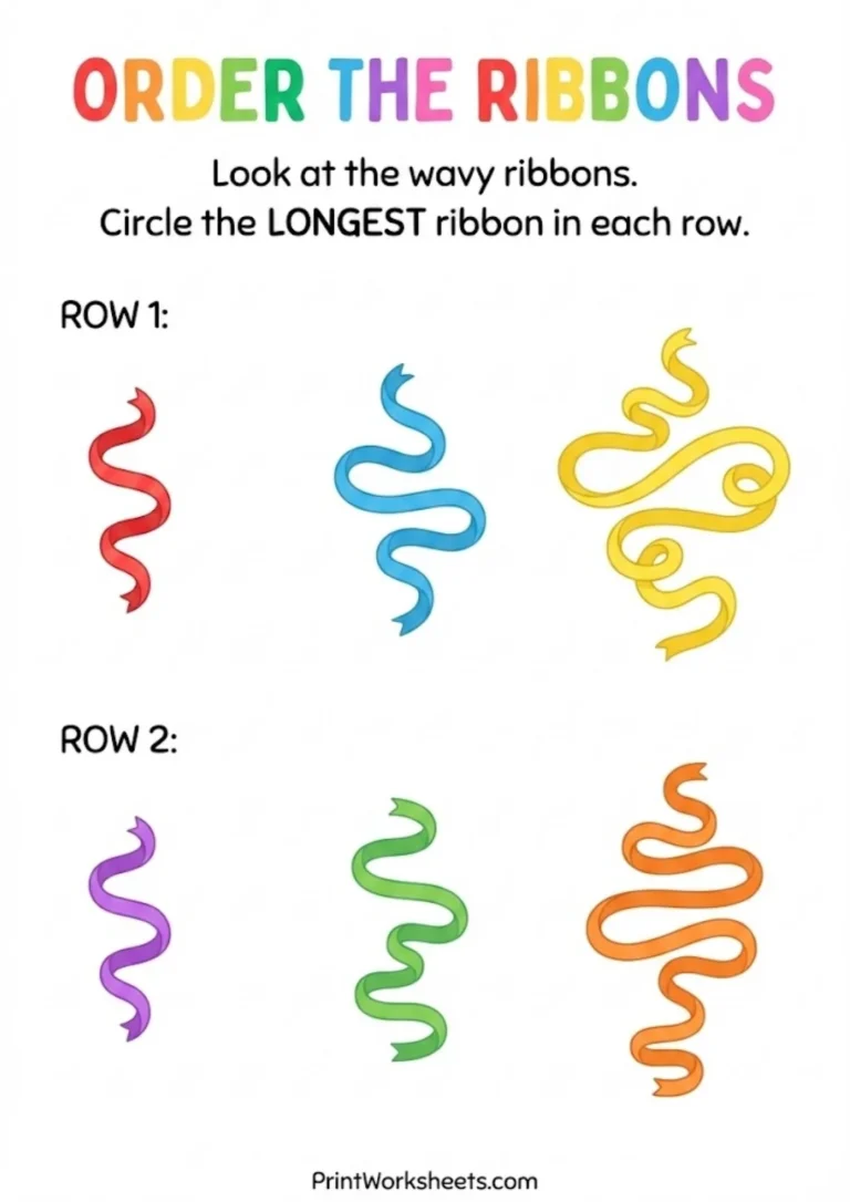 Length comparison activities with colorful wavy ribbons