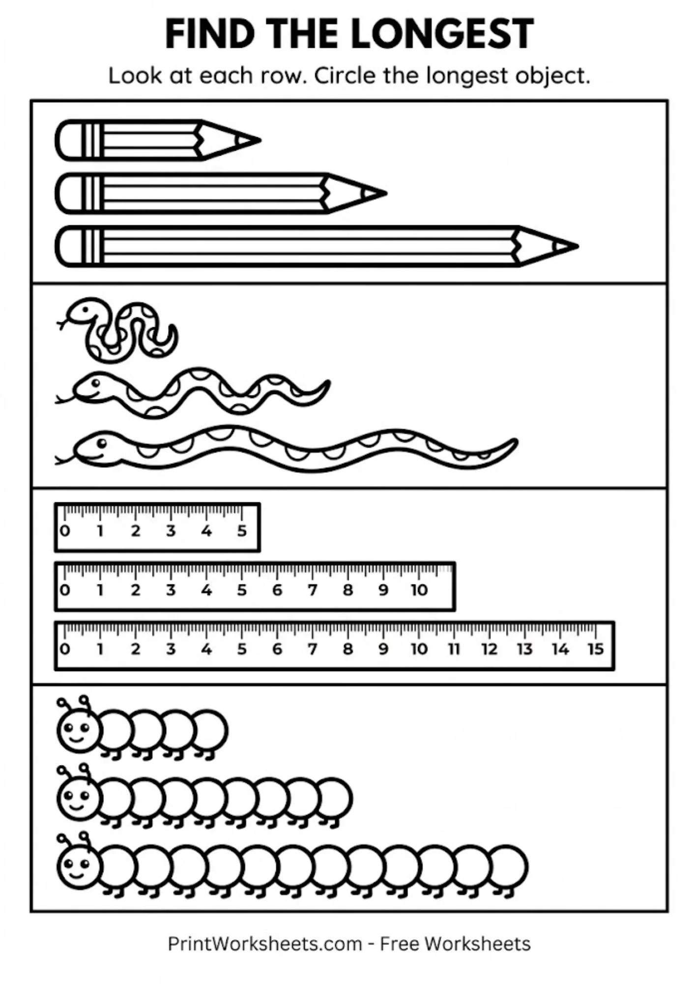 Measurement Worksheets Worksheet - Free Longest Object Worksheet for Preschool (Printable PDF) | Free Printable