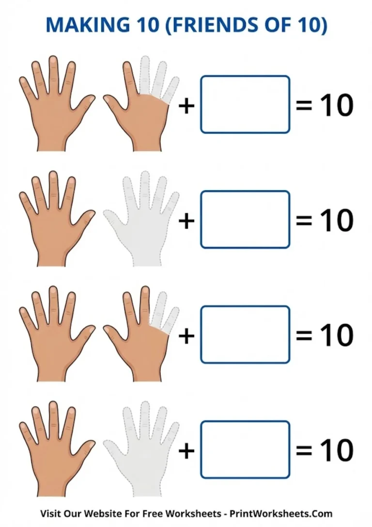 Worksheet showing hands with some fingers up and some down to teach making 10