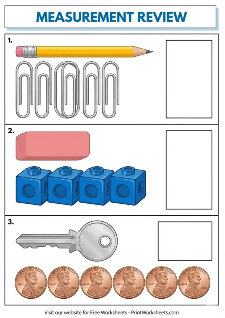 Measurement worksheet review using clips blocks and coins