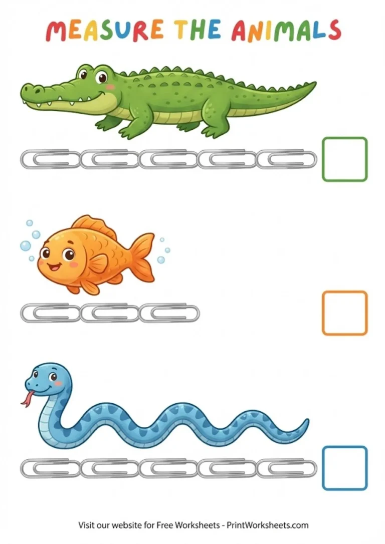 Measuring length with objects kindergarten worksheet snake and crocodile