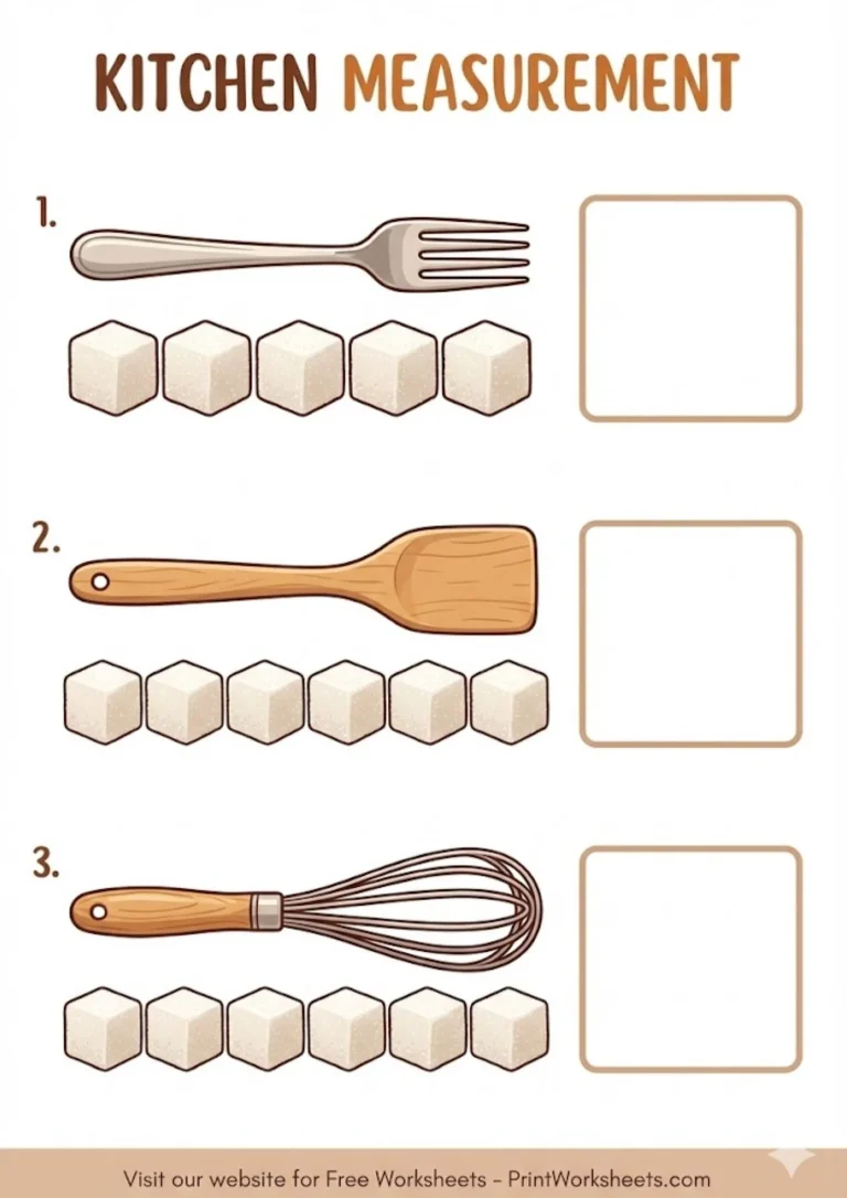 Measuring objects worksheet kitchen utensils with sugar cubes