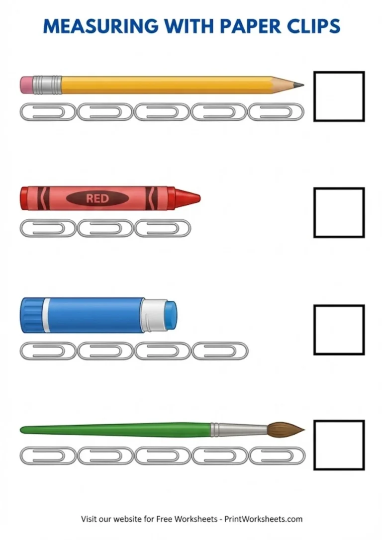 Measuring with paper clips worksheets school supplies pencil and glue stick