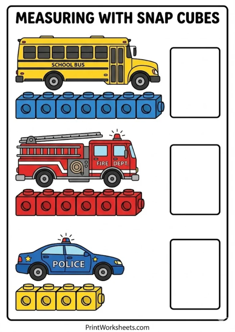 Measuring with snap cubes worksheet showing school bus and fire truck