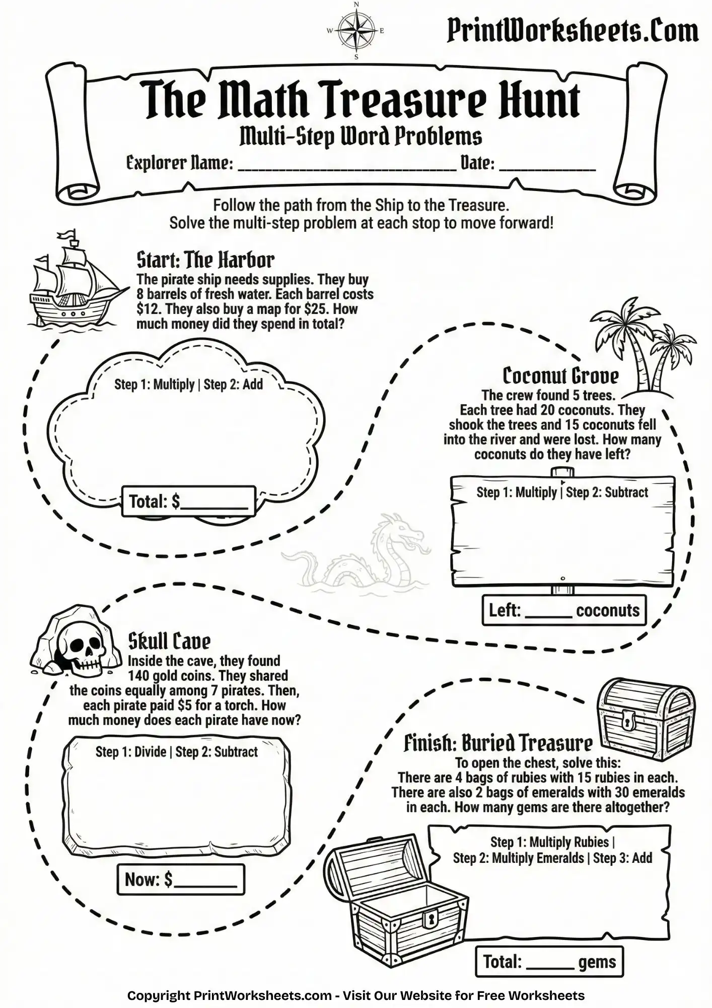Multiplication Worksheets Worksheet - 4th Grade Multi-Step Word Problems (Multiplication & Division Treasure Hunt) | Free Printable