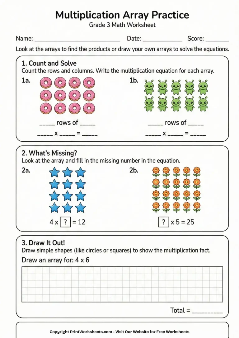 multiplication arrays worksheets grade 3 free printable