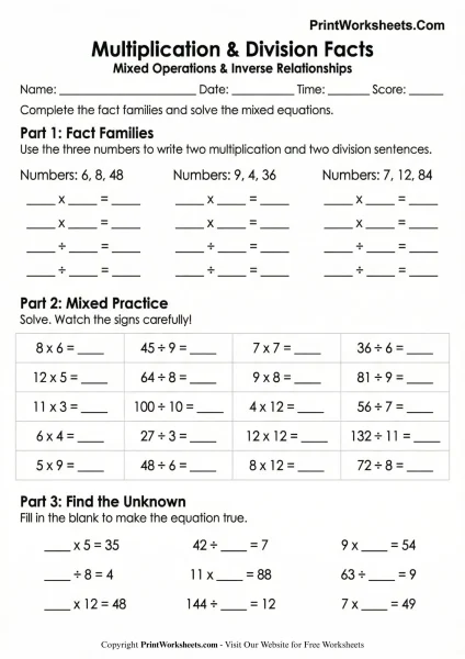 Multiplication and Division Facts Worksheets 4th Grade | Free Printable PDF