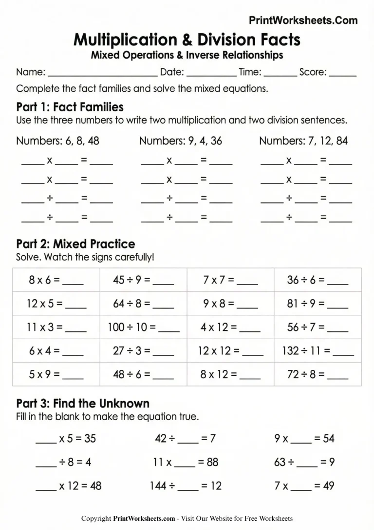multiplication and division facts worksheets 4th grade