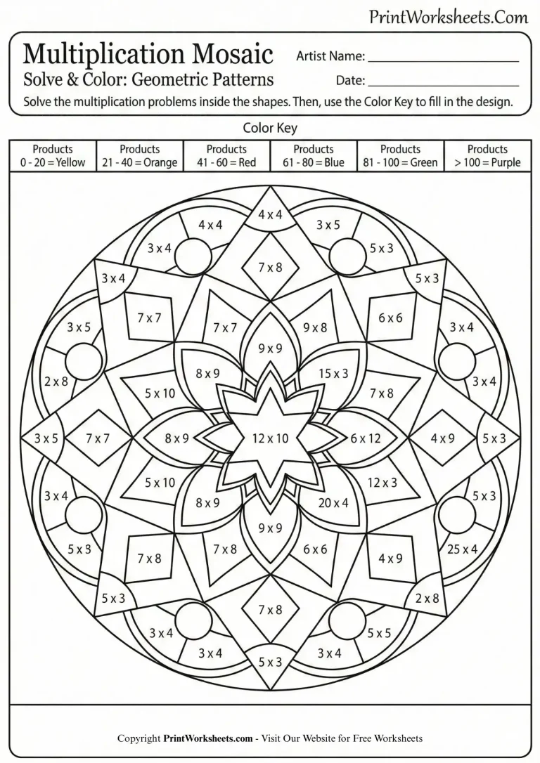 4th grade multiplication coloring sheet with geometric mosaic and color key by product