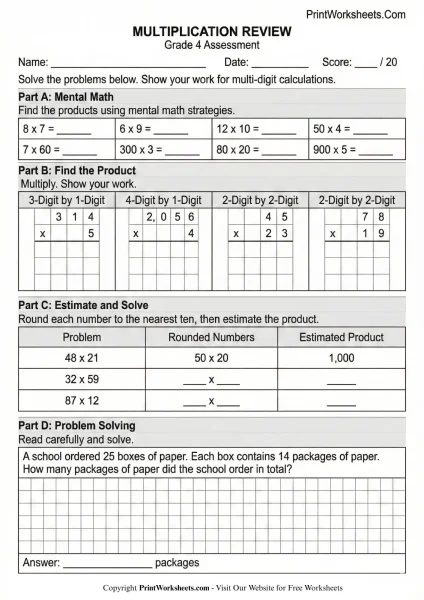 4th Grade Multiplication Review Worksheets (Comprehensive Assessment)