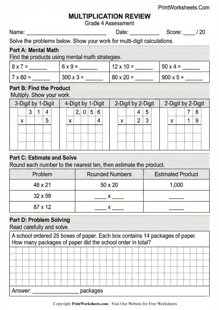 multiplication review worksheets 4th grade