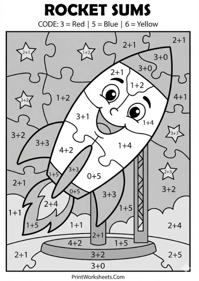 Color by addition math worksheet with New Year rocket