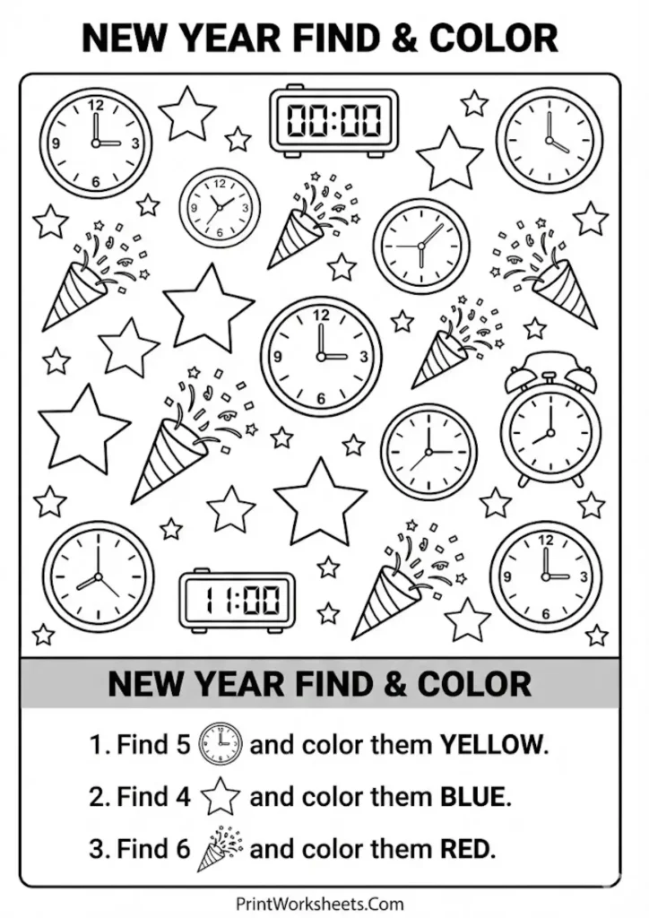 New Year Find and Color worksheet with specific instructions