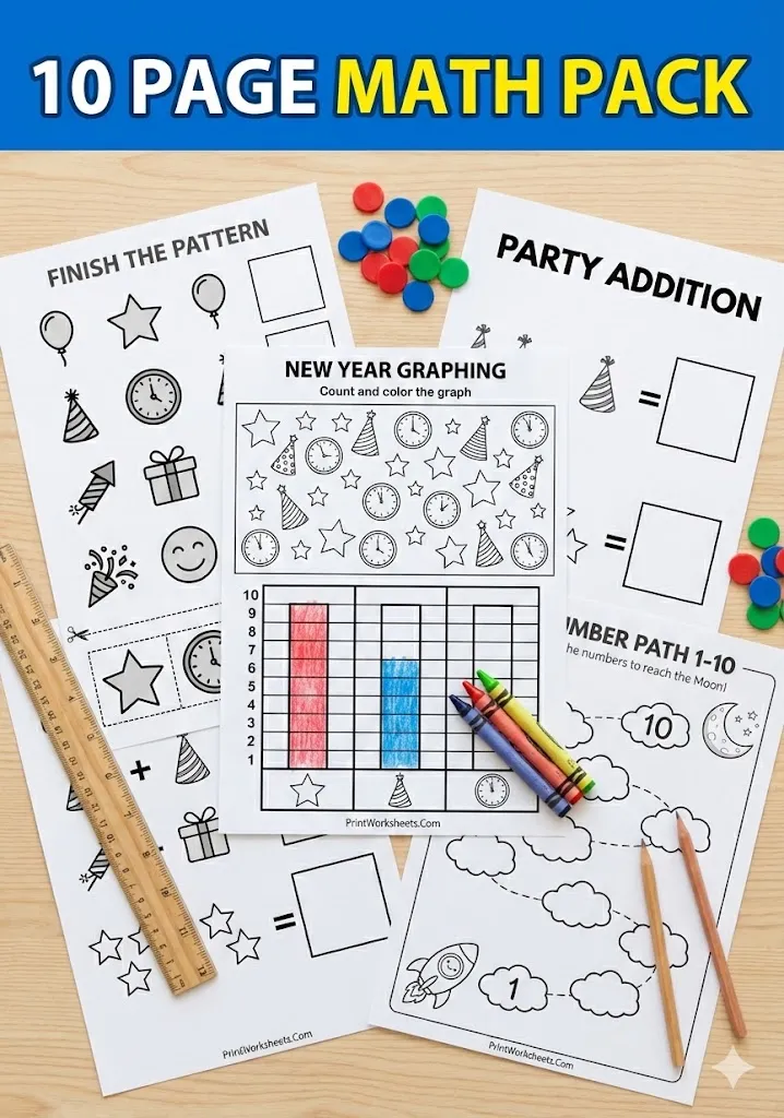 New Year's Worksheets Worksheet - New Year Math Worksheets Preschool & Kindergarten (Free PDF) | Free Printable
