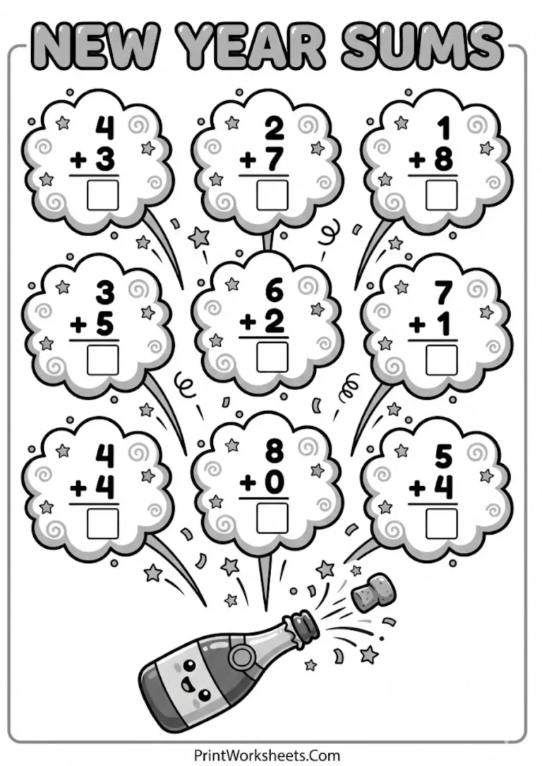 New Year Math Worksheets: Party Addition to 10 (Free PDF) - Worksheet Image