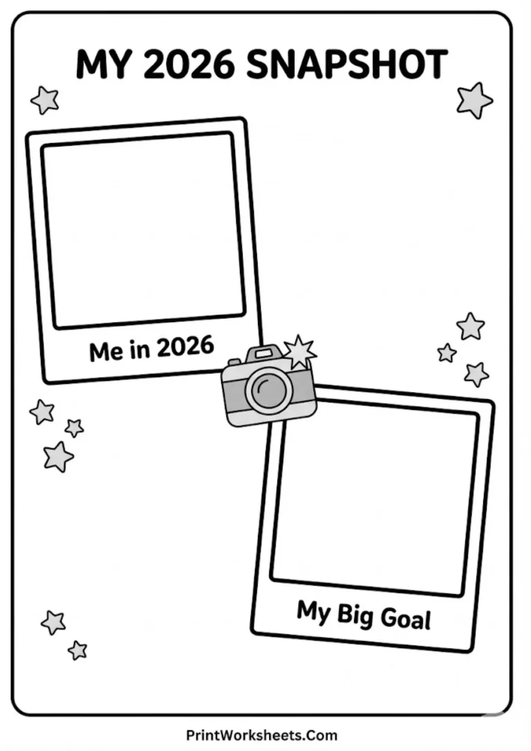 2026 New Year's resolutions worksheet with writing prompts and drawing box