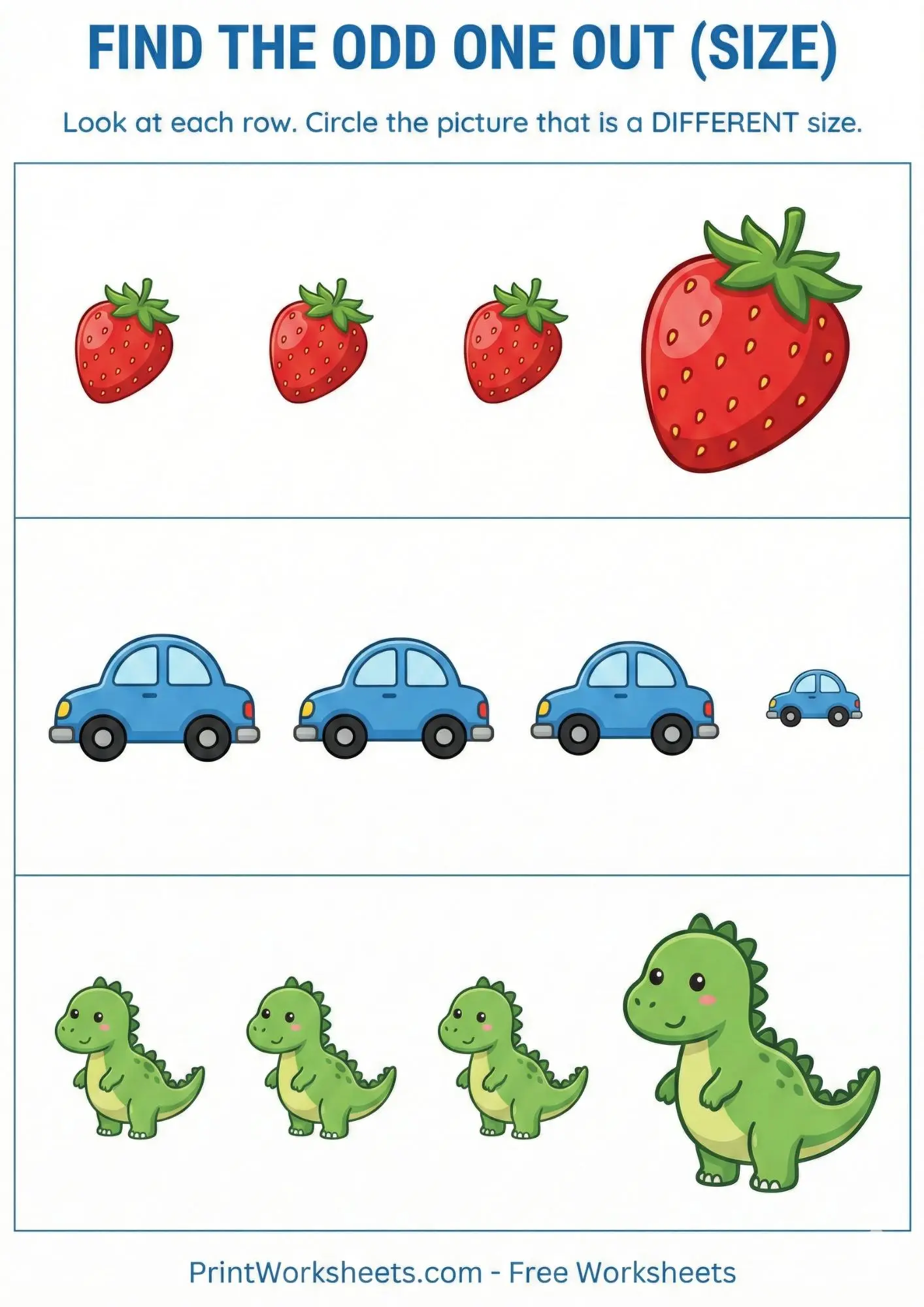 Measurement Worksheets Worksheet - Free Odd One Out Size Worksheet – Visual Discrimination Game (PDF) | Free Printable