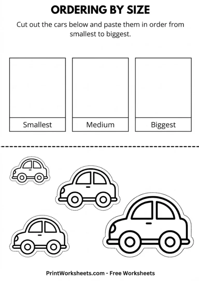 Preschool cut and paste worksheet for ordering objects from smallest to biggest