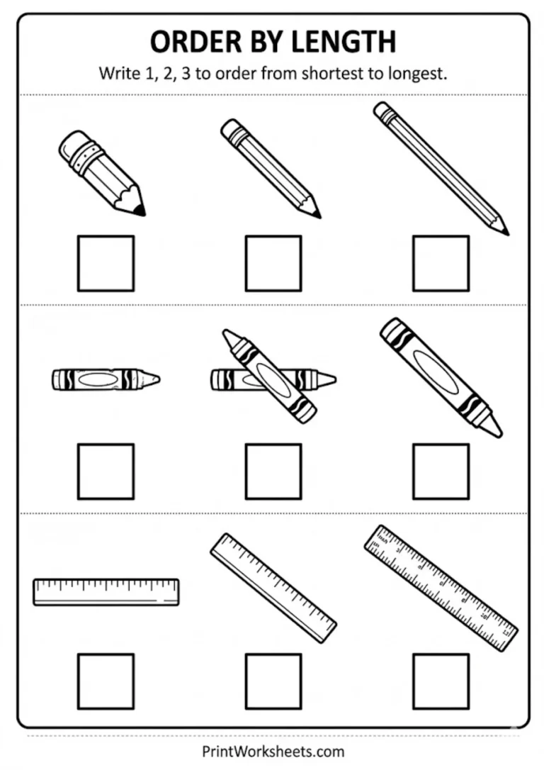 Ordering objects by length worksheet with pencils 1-2-3 activity