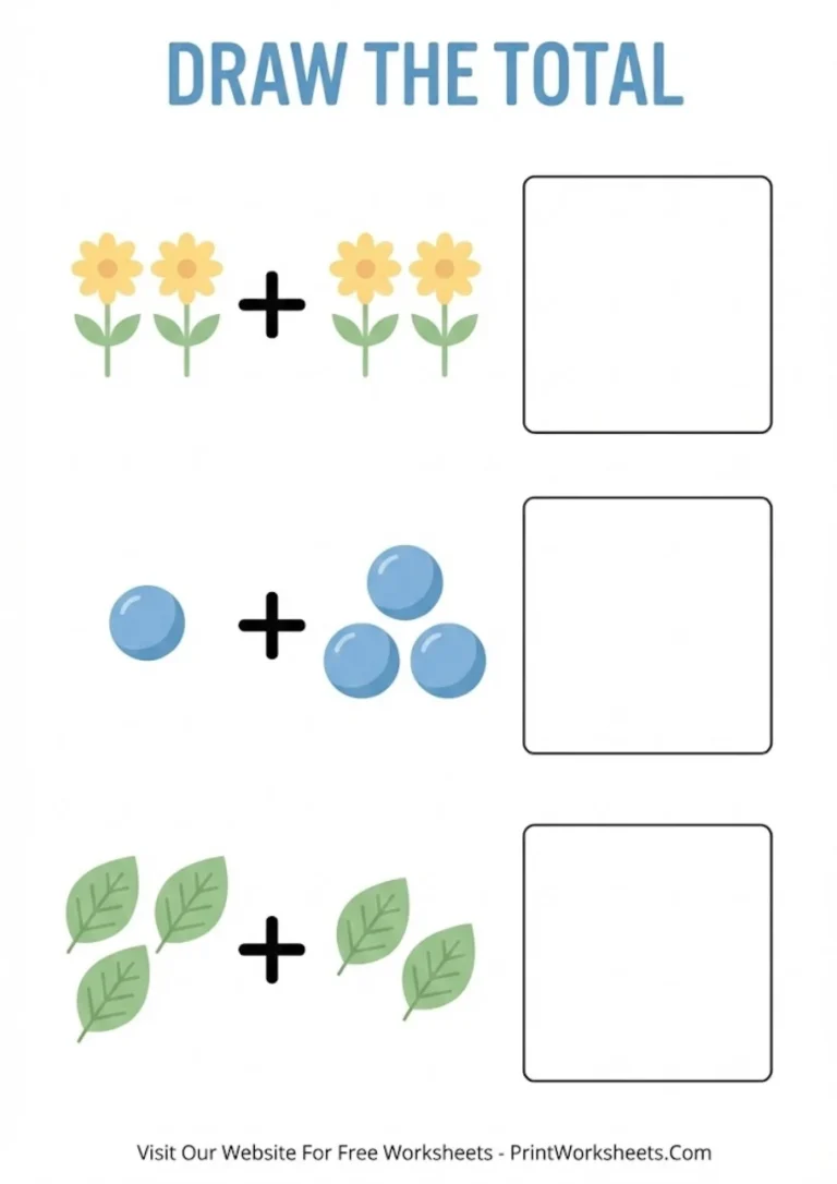 Picture addition activity worksheet with large empty boxes for drawing