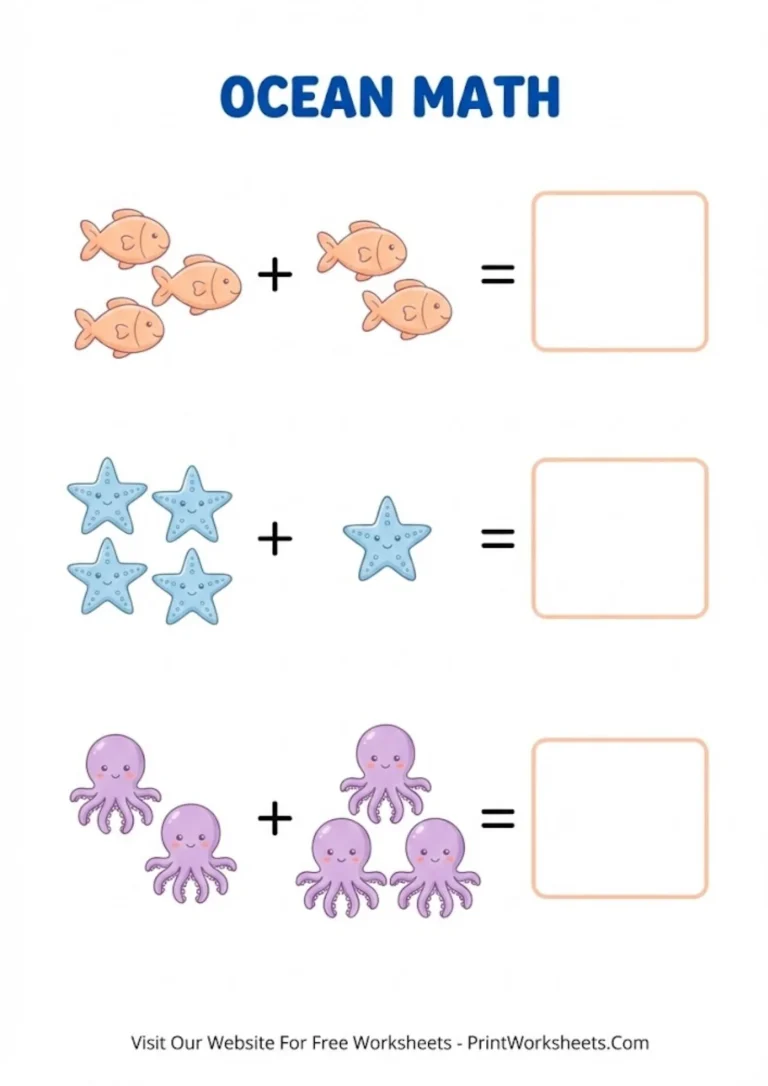 Picture addition worksheets 1-10 showing colorful fish and starfish