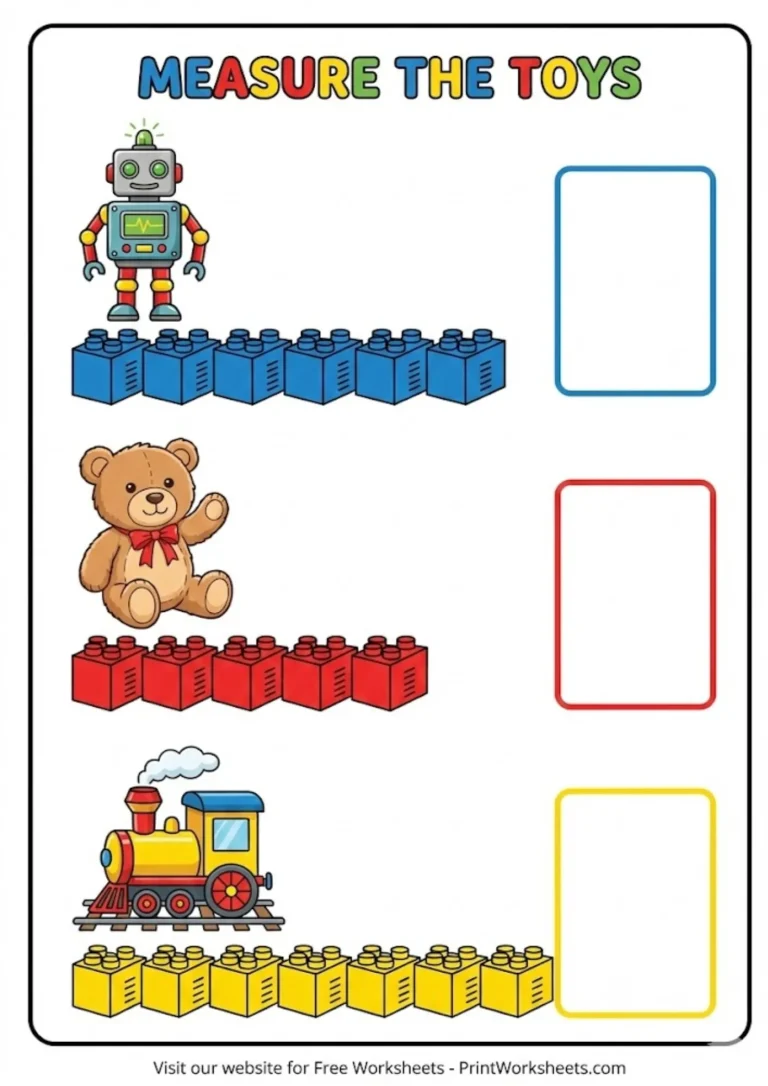 Preschool measurement activity measuring robot and bear with blocks