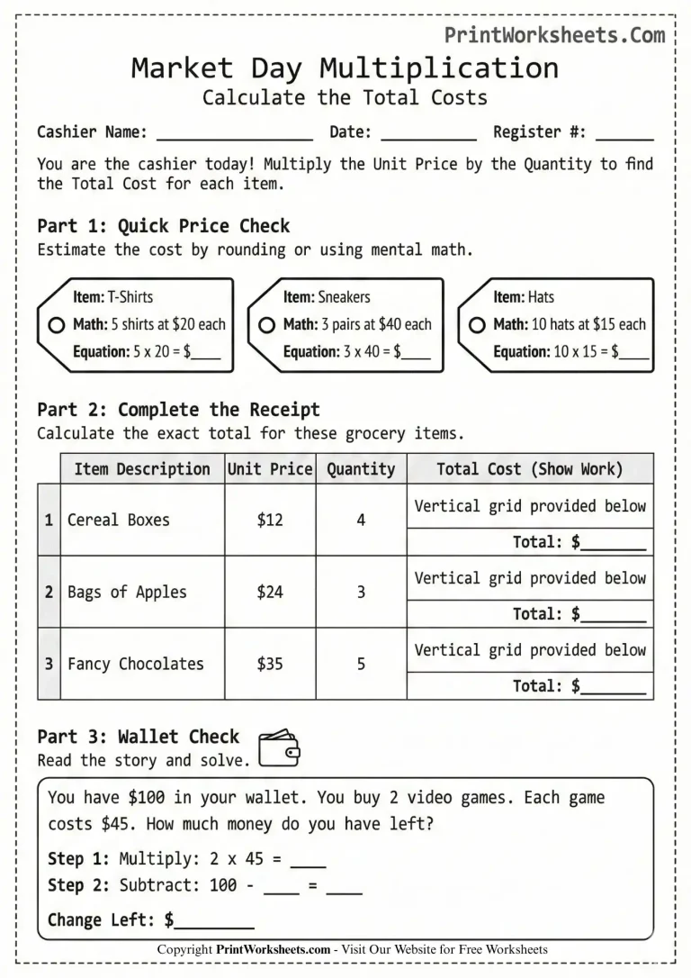 printable_multiplication_worksheets_4th_grade 4th grade printable multiplication worksheet with market theme and receipt calculations
