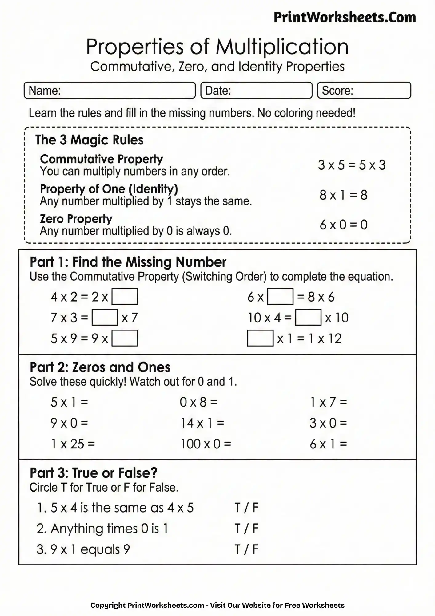 Multiplication Worksheets Worksheet - 3rd Grade Multiplication Properties Worksheet (Commutative, Identity, Zero) | Free Printable