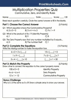 Multiplication Worksheets Worksheet - 3rd Grade Properties of Multiplication Quiz (Free Printable Test) | Free Printable