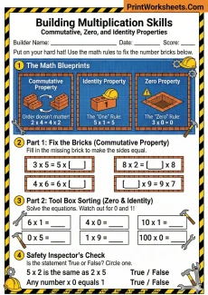 Multiplication Worksheets Worksheet - 3rd Grade Properties of Multiplication Worksheets (Construction Theme) | Free Printable