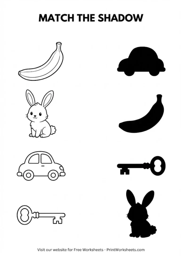 Same and different objects worksheet shadow matching banana rabbit car