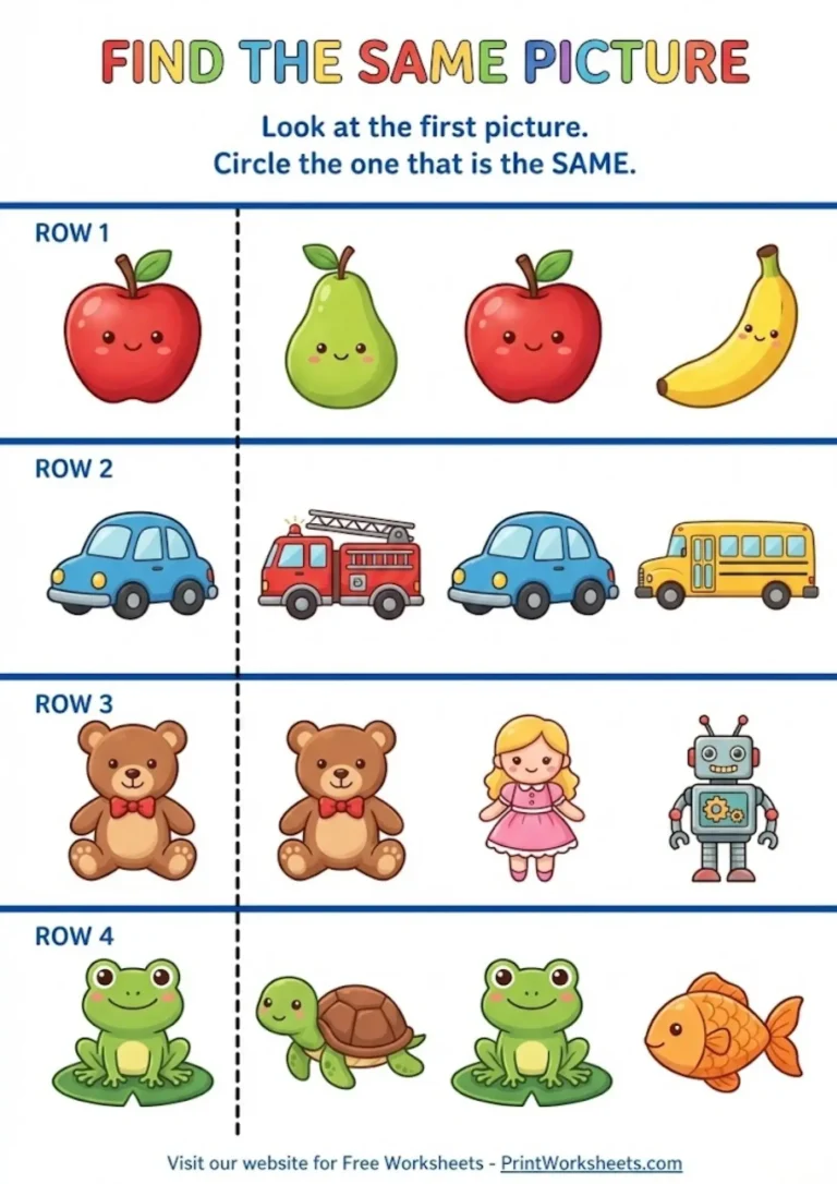 Same and different worksheets preschool matching pictures apple car bear