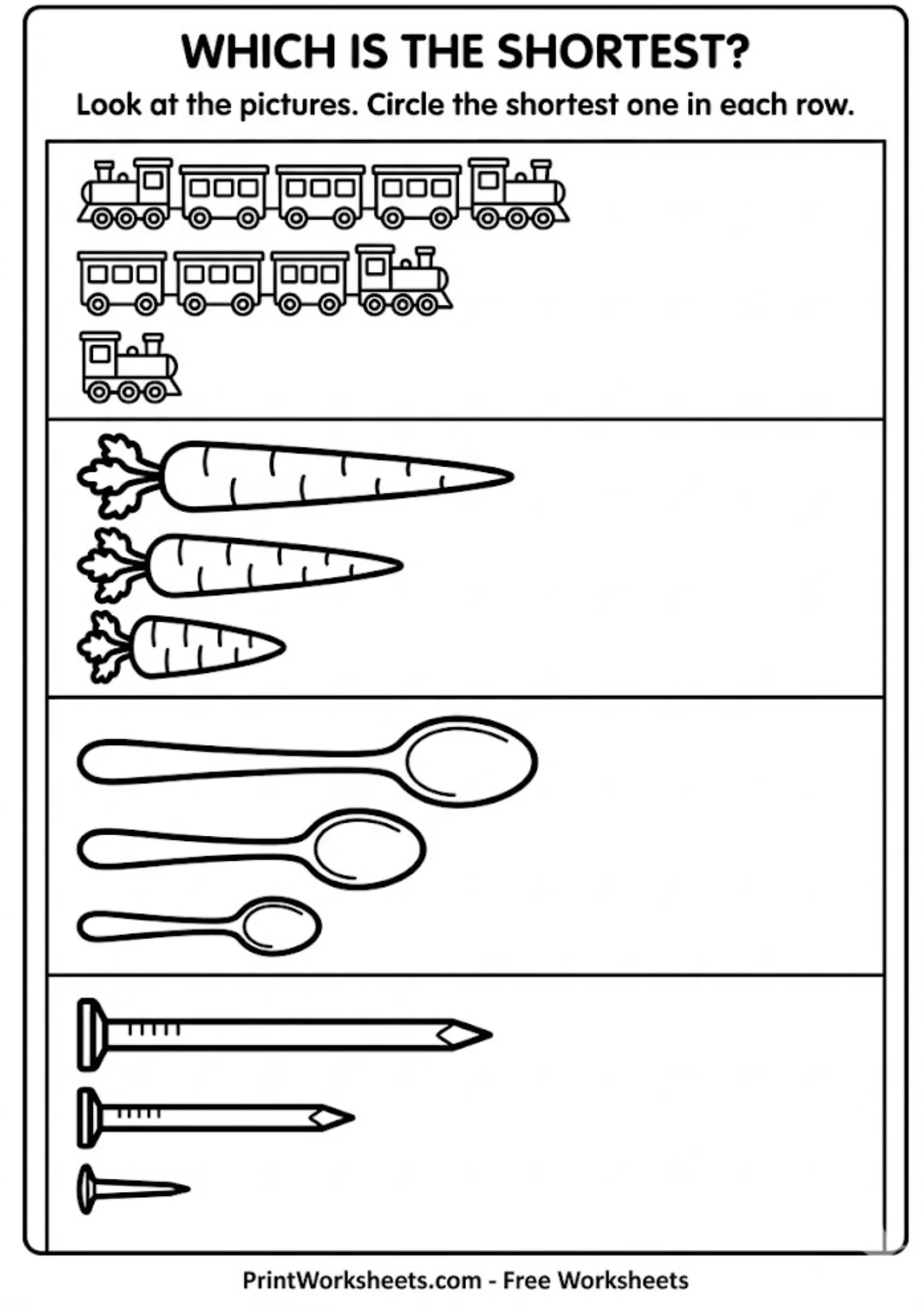 Measurement Worksheets Worksheet - Identify the Shortest Object Worksheet – Kindergarten Math PDF | Free Printable