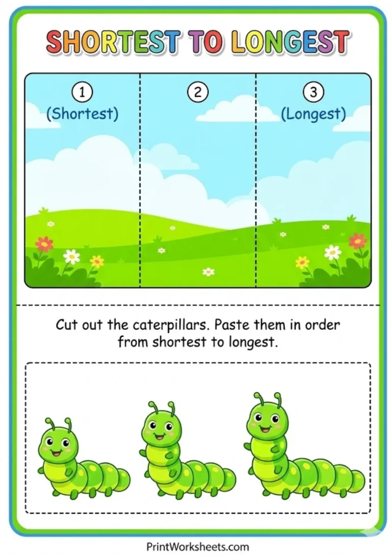 Shortest to longest worksheets caterpillar cut and paste activity for preschool