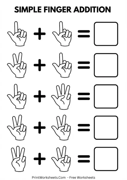 Simple Finger Addition Worksheets (Sums to 5)