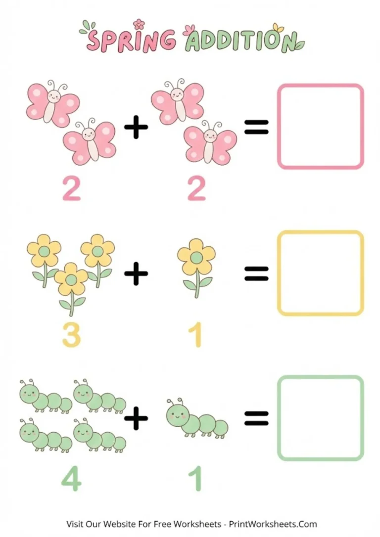 Spring Picture Math Activity Simple picture addition worksheets showing colorful butterflies and flowers