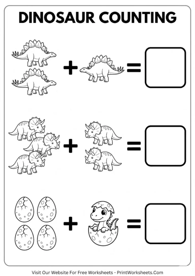 Single digit addition worksheets with pictures showing T-Rex and Stegosaurus dinosaurs