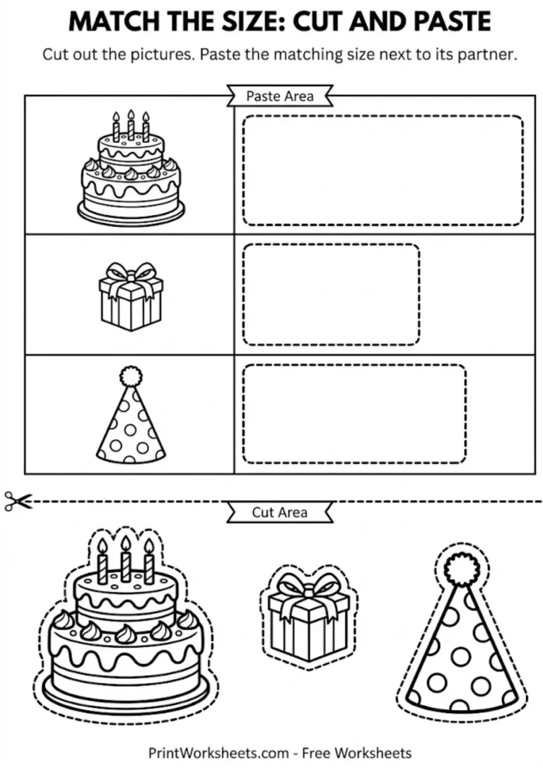 Cut and paste worksheet matching objects of the same size